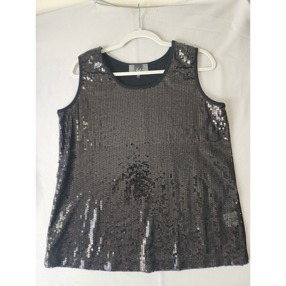 Slinky Brand Black Sequin Tank Top Sleeveless Scoop Neck Party HEM2159 Womens L